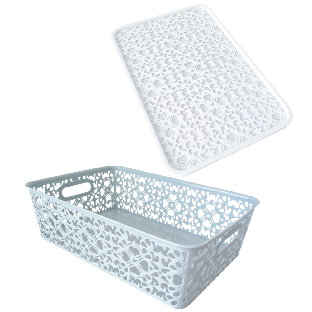 Caja de almacenamiento de plástico, contenedor de almacenamiento apilable, cesta de almacenamiento delicada hueca con tapa para ropa, juguete, suministros para el hogar: Blanco
