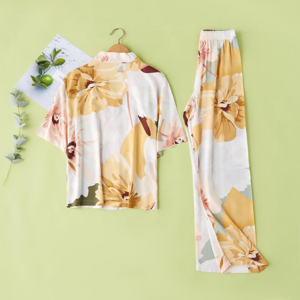 Kvinder sommer pyjamas kortærmet viskose bomuld hjemmetøj kvindelige trykte bukser homewear jakkesæt plus size loungewear