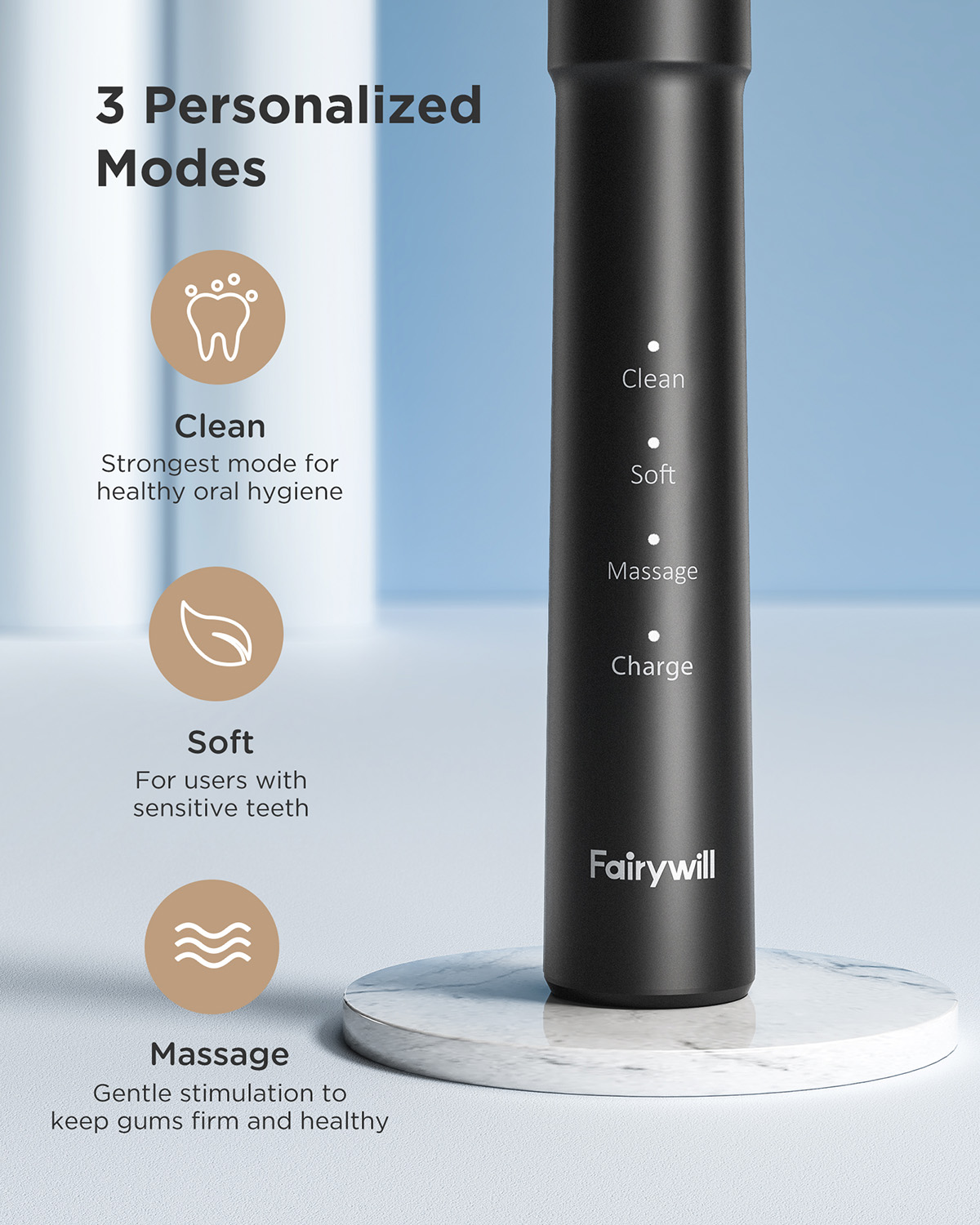 Fairywill-cepillo de dientes eléctrico sónico E11, resistente al agua, carga USB, recargable, 8 cabezales de repuesto para adultos