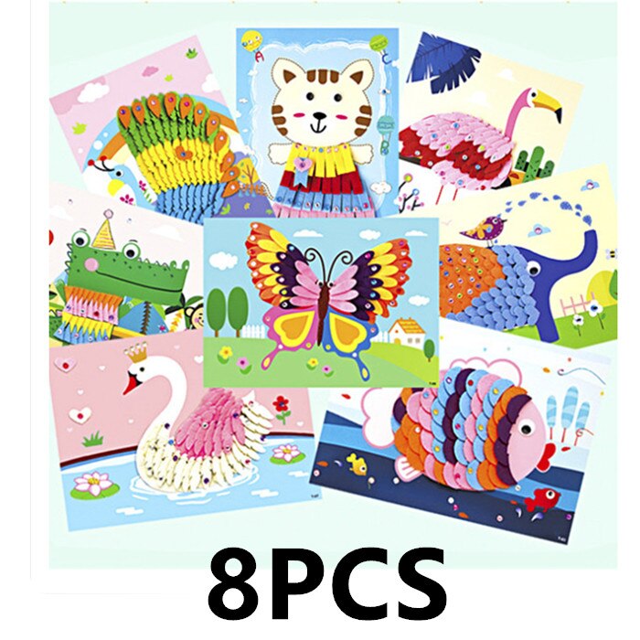 Happyxuan 8 Ontwerpen Kinderen Craft Kit Cartoon Animal Vilt Stof Sticker 3D Handgemaakte DIY Creatieve Speelgoed Kleuterschool Onderwijs: 8pcs