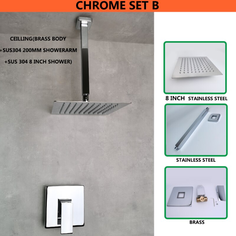 Shine Chrome Square Concealed In Wall Head Shower Set System with Ultra thin 8 inch 304 Stainless Steel or ABS Top Shower