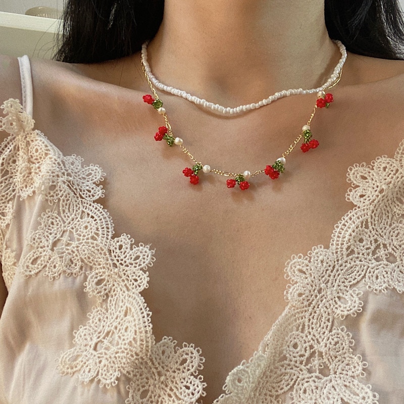 Kpop sød perlehalskæde beaded retro stil kirsebær vedhæng pige erklæring chocker halskæde kvinder smykker