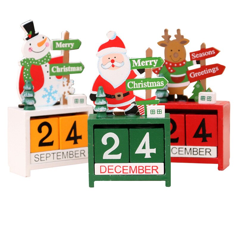 Christmas Countdown Wood Blocks Decor Calendar Tabletop Decoration Santa Snowman Reindeer Winter Wooden Signs Days