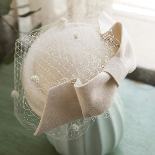 White Green Pure Wool Berets Women Classic Face Veil Mesh Fedora Headwear Ladies Church Wedding Royal Banquet Cocktail Bow Hat: white