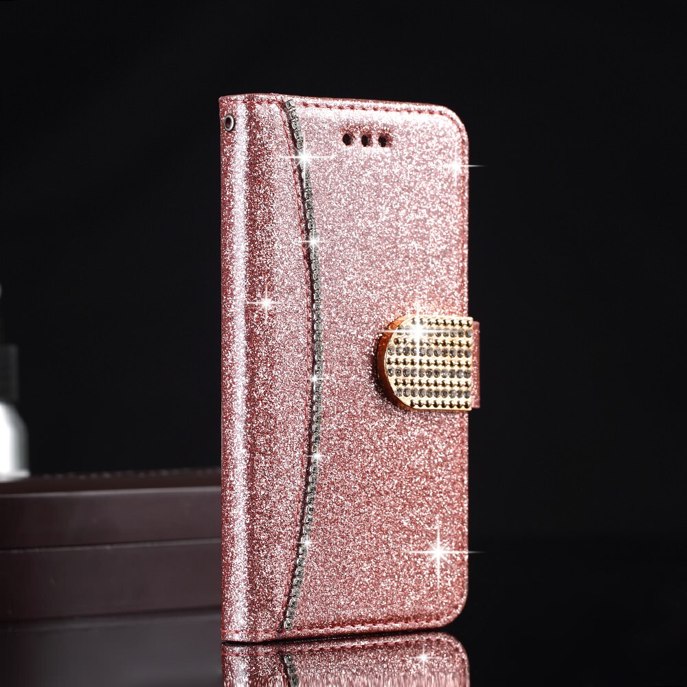 Funda para teléfono tipo billetera de cuero con tapa brillante L-FADNUT para iPhone Xr X Xs 11 Pro Max magnética 6 6S 7 8 5 5S SE cubierta de parachoques: For iPhone SE / Rose gold