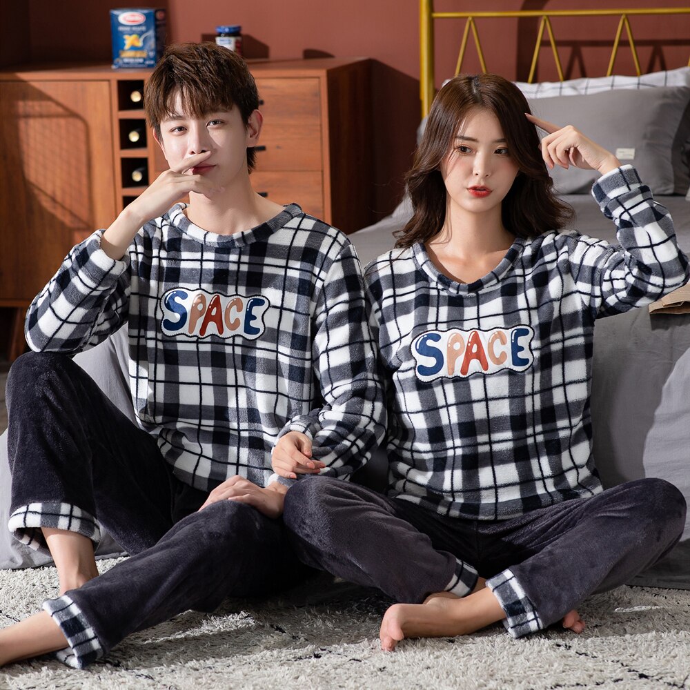 Couple Pajamas Sets Winter Flannel Sleepwear Men Home Pyjamas Loose Elastic Warm Coral Fleece Lovers Tracksuit One Set