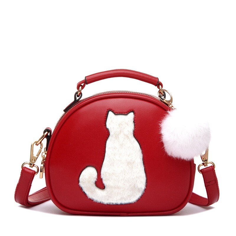 Kvinder håndtaske pu læder taske fuldmåne slik farve sød kat med pels bold kvinder skuldertasker crossbody taske  b014: Rød