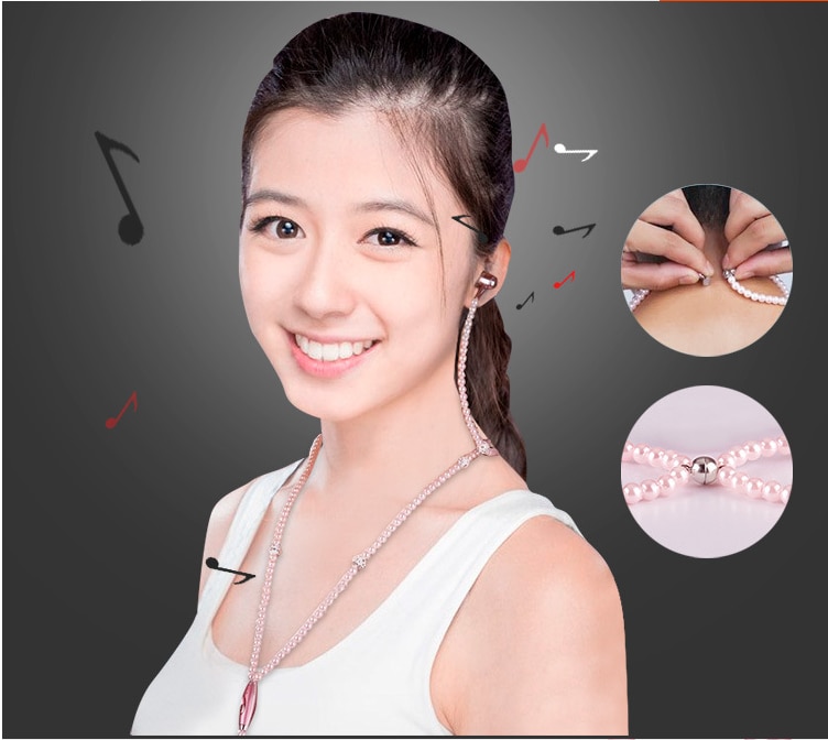 Pearl Necklace Earphone In-Ear Pink Rhinestone Necklace Jewelry Beads Earphones With Mic For Samsung Xiaomi Brithday Girls