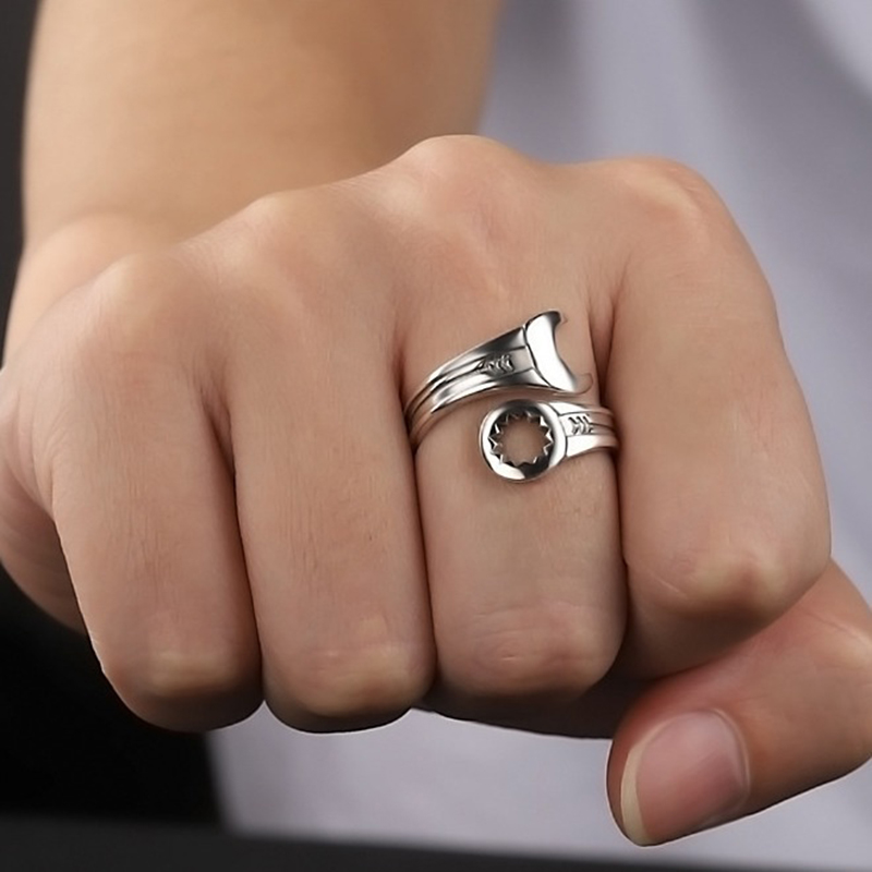 Anillo abierto de plata 925, llave inglesa Punk, geométrico, asimétrico, apilable para mujeres y hombres, joyería de ,