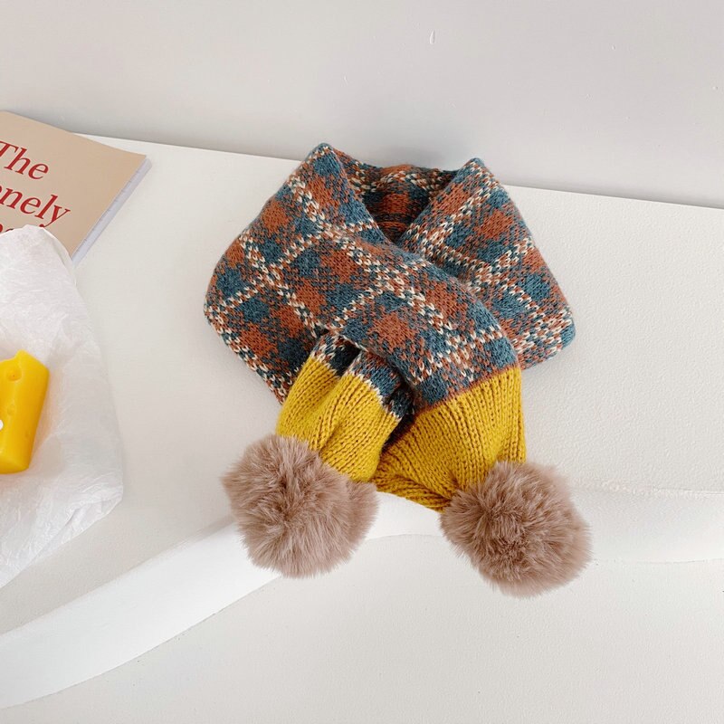 Mode Stiksels Plaid Kinderen Pompom Cross Sjaal Herfst En Winter Jongens En Meisjes Baby Warm Gebreide Sjaals: shenlvjiaotanghuang