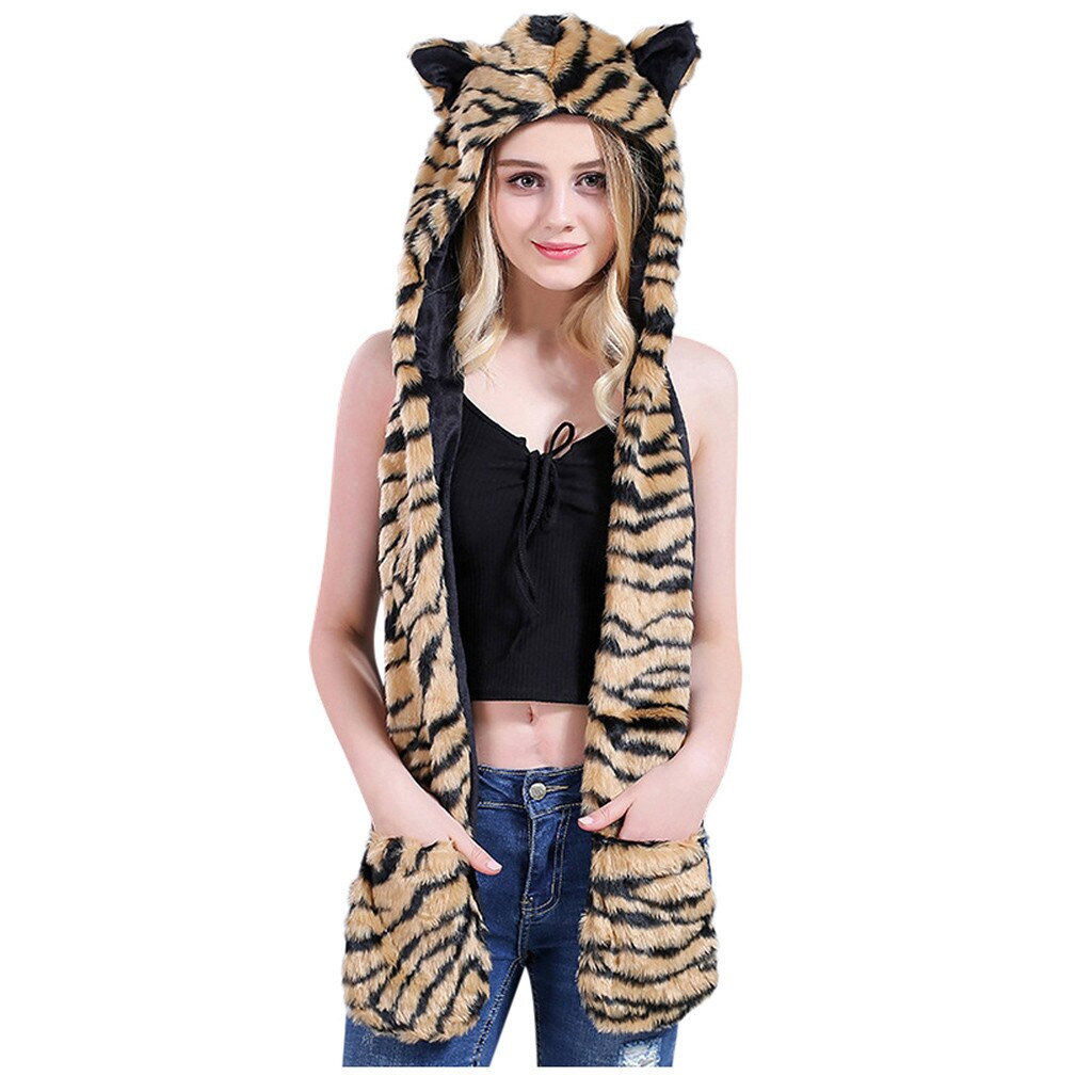 Women Faux Fur Hood Animal Hat Ear Flaps Hand Pockets Set Animal Hood Hat Wolf Plush Warm Animal Cap with Scarf Gloves