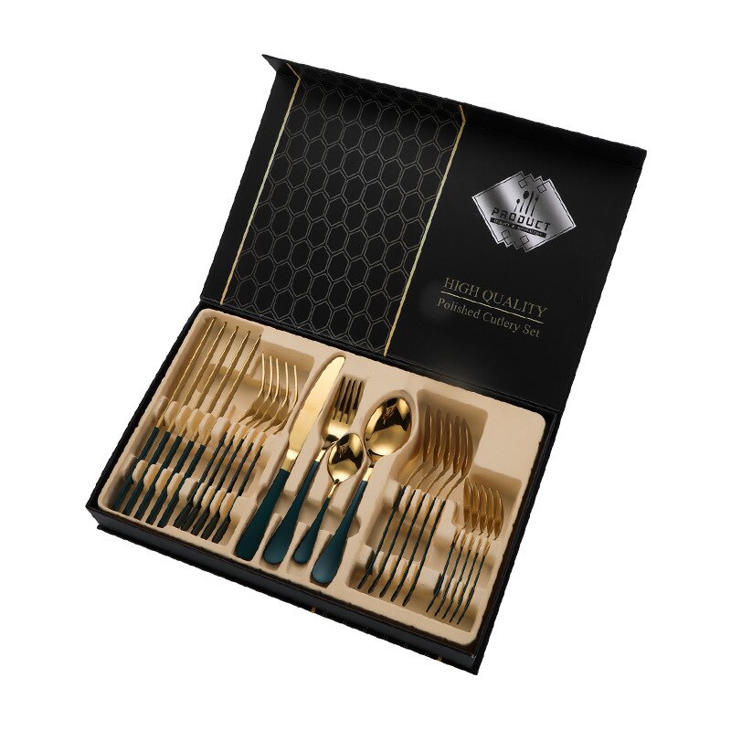 24PCS Western Kitchen Dinnerware Stainless Steel Cutlery Steak Knives Forks Dessert Spoon Tableware Set Box Party Wedding: 24PC Green Gold Box