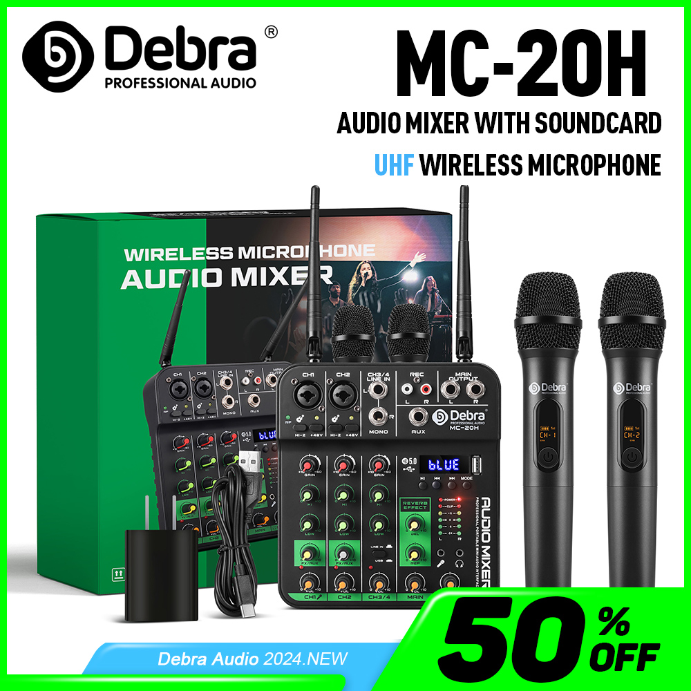 Debra UHF Wireless Microphone 4 Channels Audio Mixer Audio Interface Mixing Console Bluetooth Record PC Delay Repaeat Effect