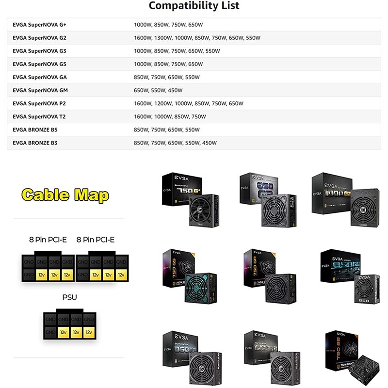Câble d&#39;alimentation modulaire PSU VGA mâle vers double Pcie 8 (6 + 2) broches PCIE GPU pour EVGA G + G2 G3 G5 GA GM B3 B5 T2