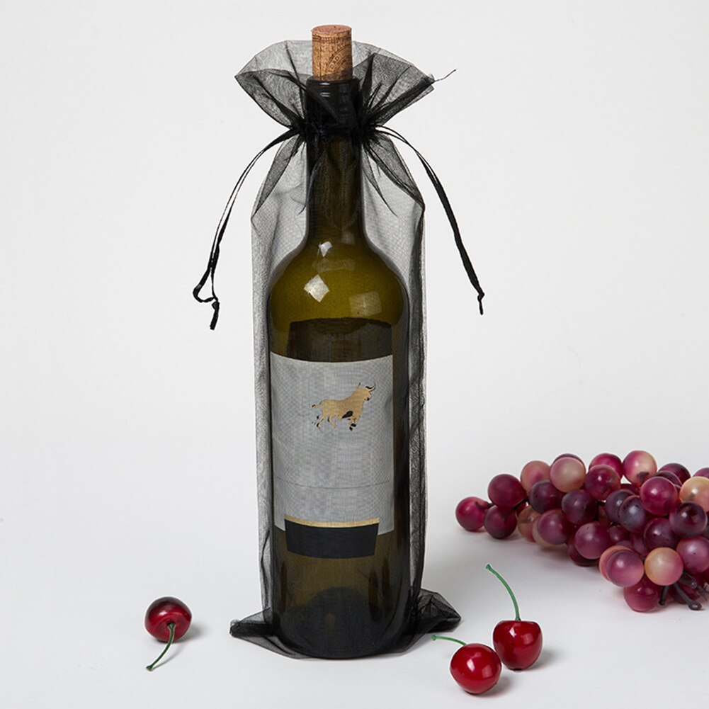 30pcs Drawstring Bottle Cover Wine Bag Home Transparent Pouch Champagne Organza Wedding Fine Mesh Wrapping: black