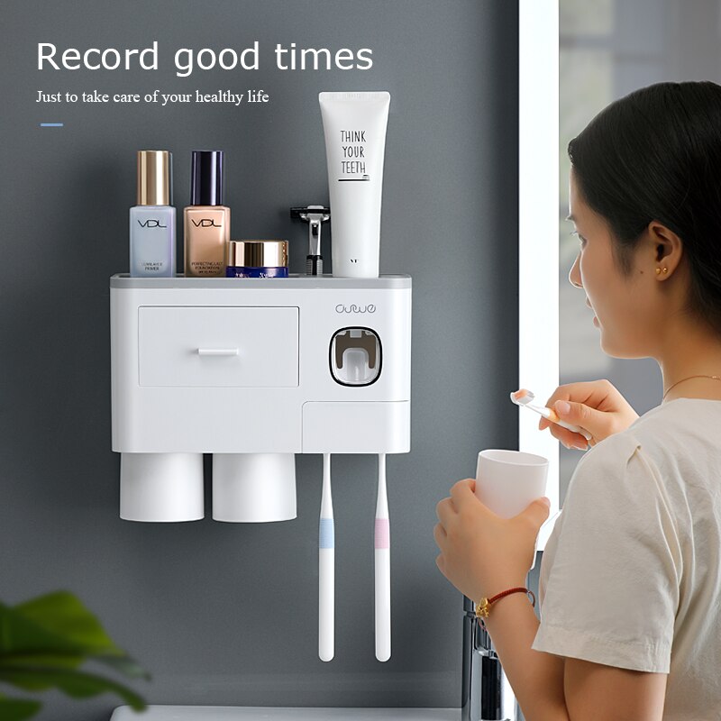 Toothbrush Holder Automatic Toothpaste Dispenser With Cup Wall Mount Toiletries Storage Rack Bathroom Accessories Set