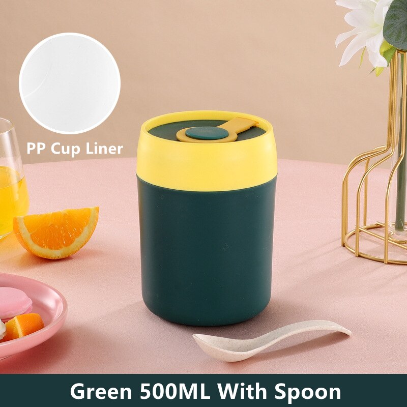 304 Stainless Steel Breakfast Cup Milk Oatmeal Insulation Cups Students Work Adult Insulating Soup Leakproof Cup With Spoon Lid: PP Green