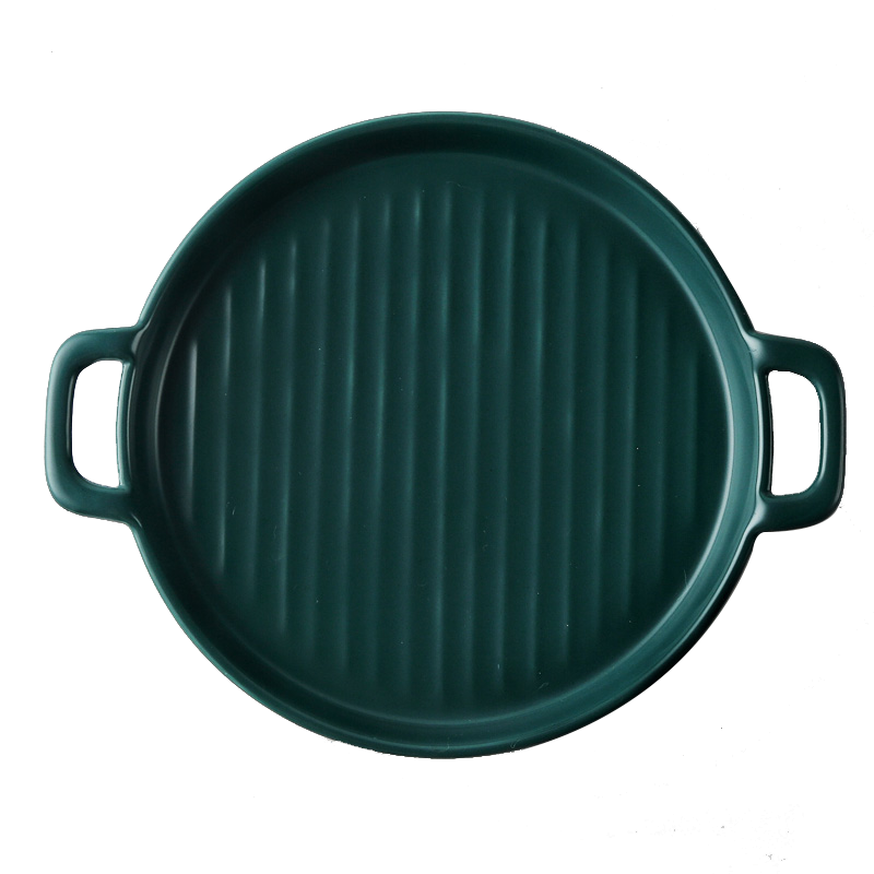 MUZITY Ceramic Baking Plate Round Porcelain Dinner Dish Special Snack or Bread Plate with Handle Bakeware: Round-Green Plate
