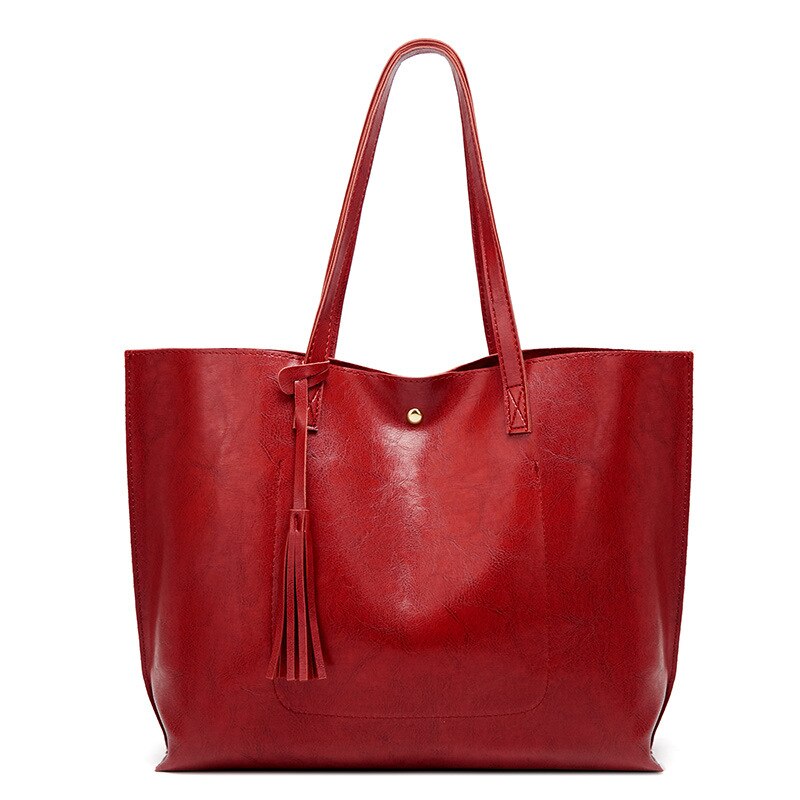 Bolsa feminina bolsas de couro de cera de óleo bolsa de ombro feminina de grande capacidade: Vermelho