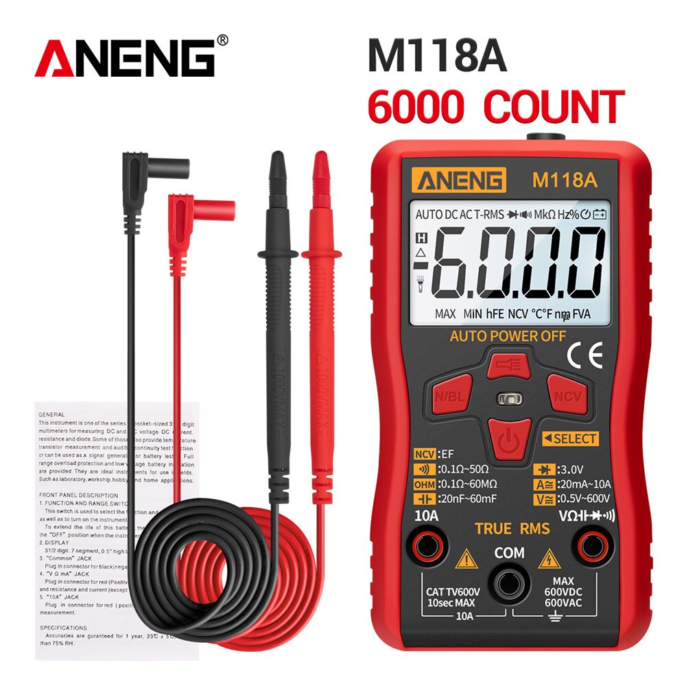 Aneng High-Precision Automatic Range Multimeter, Multi-Function Small Electrician Instrument Digital Universal Meter M118A