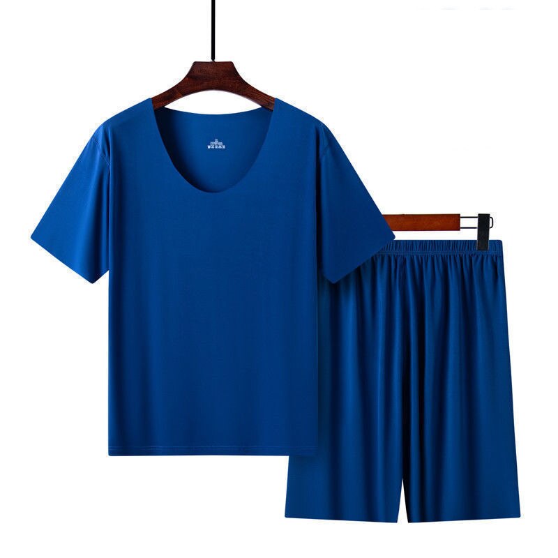 Pijama de dos piezas de seda de hielo para hombre, ropa deportiva informal de verano para el hogar, traje de manga corta sin costuras, cuello redondo, talla grande: blue / L