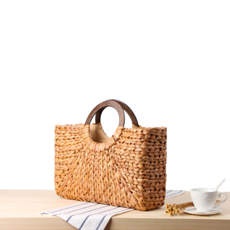 Bohème femmes sac à main à la main sac de paille naturel tissage été plage sacs rond manche en bois femme sac fourre-tout panier