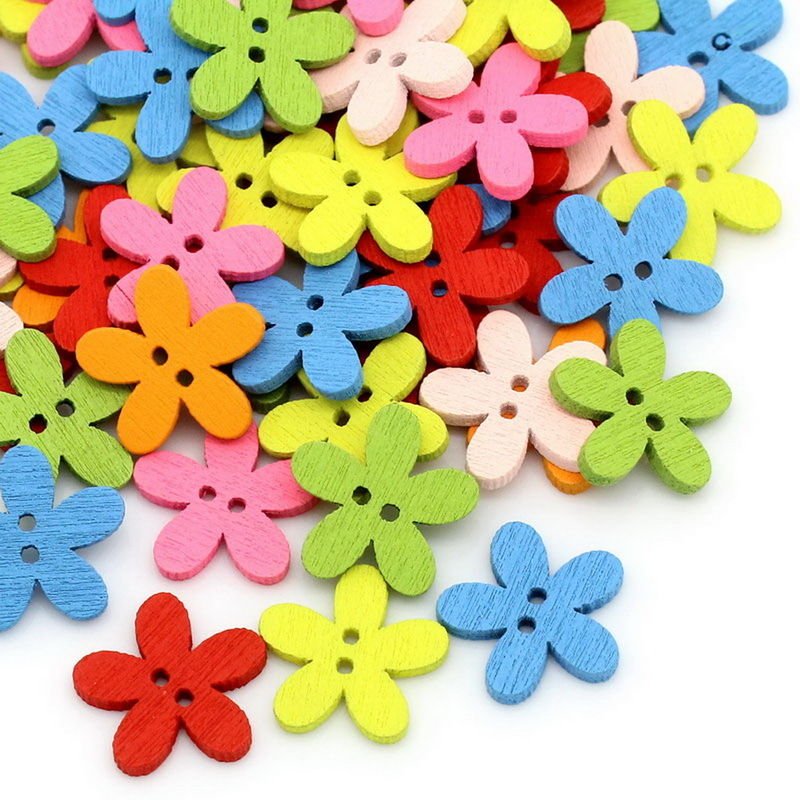 100 Stks/partij Hout Knoppen Bloemen Vormige 2 Gaten Mixe Knoppen Voor Naaien Clip Scrapbooking Arts Ambachten Decor Multicolor 14Mm X 15Mm