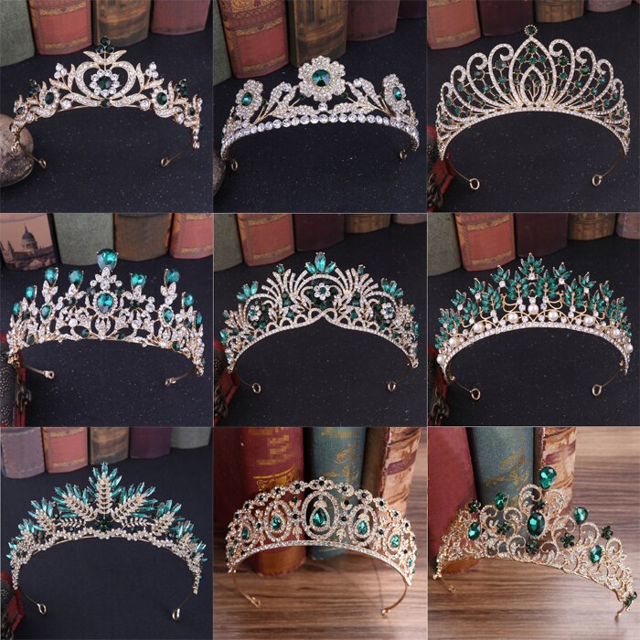 Women girls European Green Crystal Tiaras Vintage Rhinestone Pageant Crown Baroque Bridal Wedding Hair Jewelry Accessories