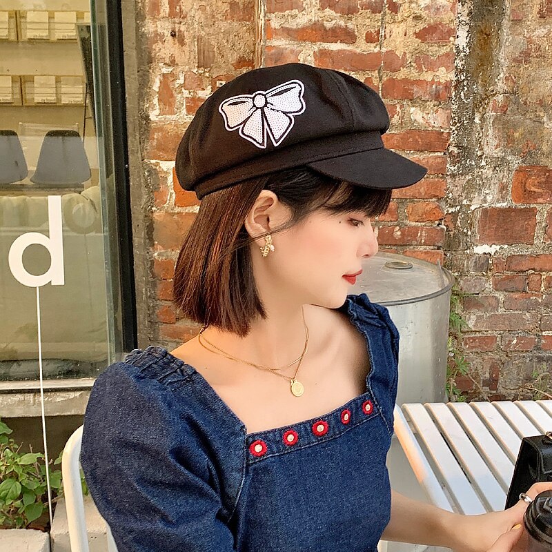 Newsboy Caps For Women Newsboy Sequin Bow Gatsby Cap Octagonal Baker Peaked Beret Female Suncreen Hats Vintage Hat