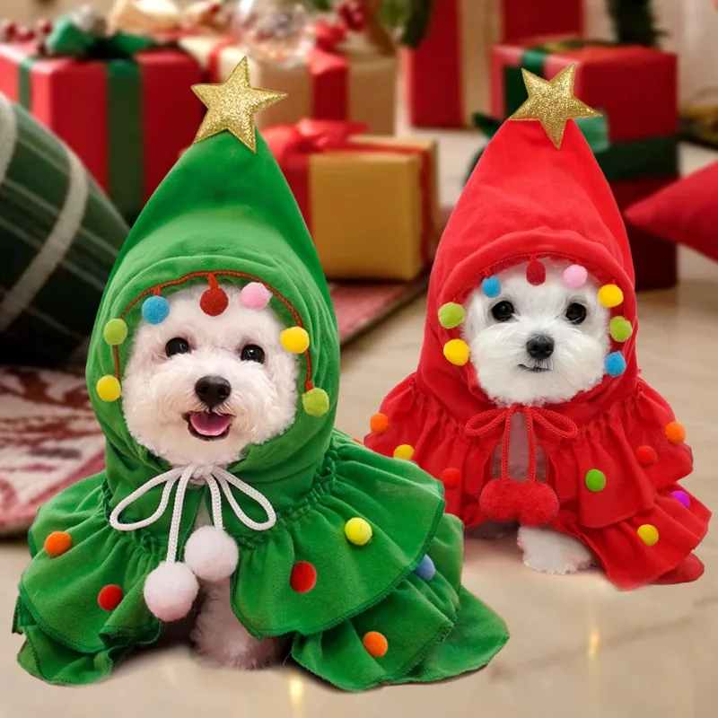 Christmas Pet Cosplay Cute Xmas Tree Role Play Bodysuit Dog Hooded Cloak Year Winter Season Warm Costume Unisex Home Party