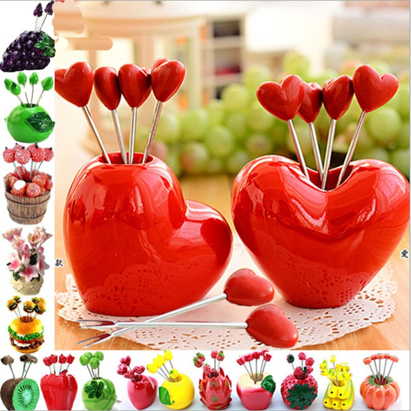 Fourchette à fruits en acier inoxydable | Fourchettes et support de 5 pièces nouveauté cœur rouge, fourchette à fruits en acier inoxydable, cuillère à Dessert, ustensiles de table, outils de cuisine