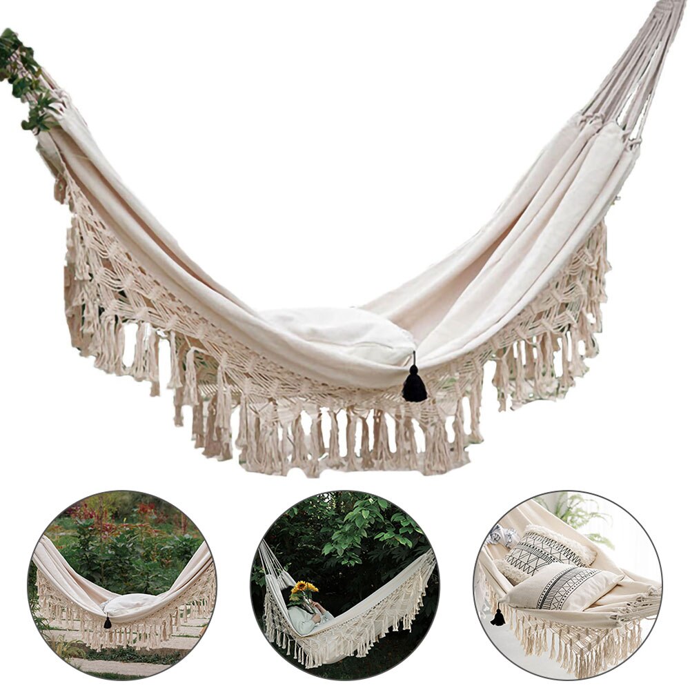 Large 2 Person Hammock Boho Style Brazilian Macrame Fringed Deluxe Double Hammock Net Chair Indoor Hanging Swing Home Decor