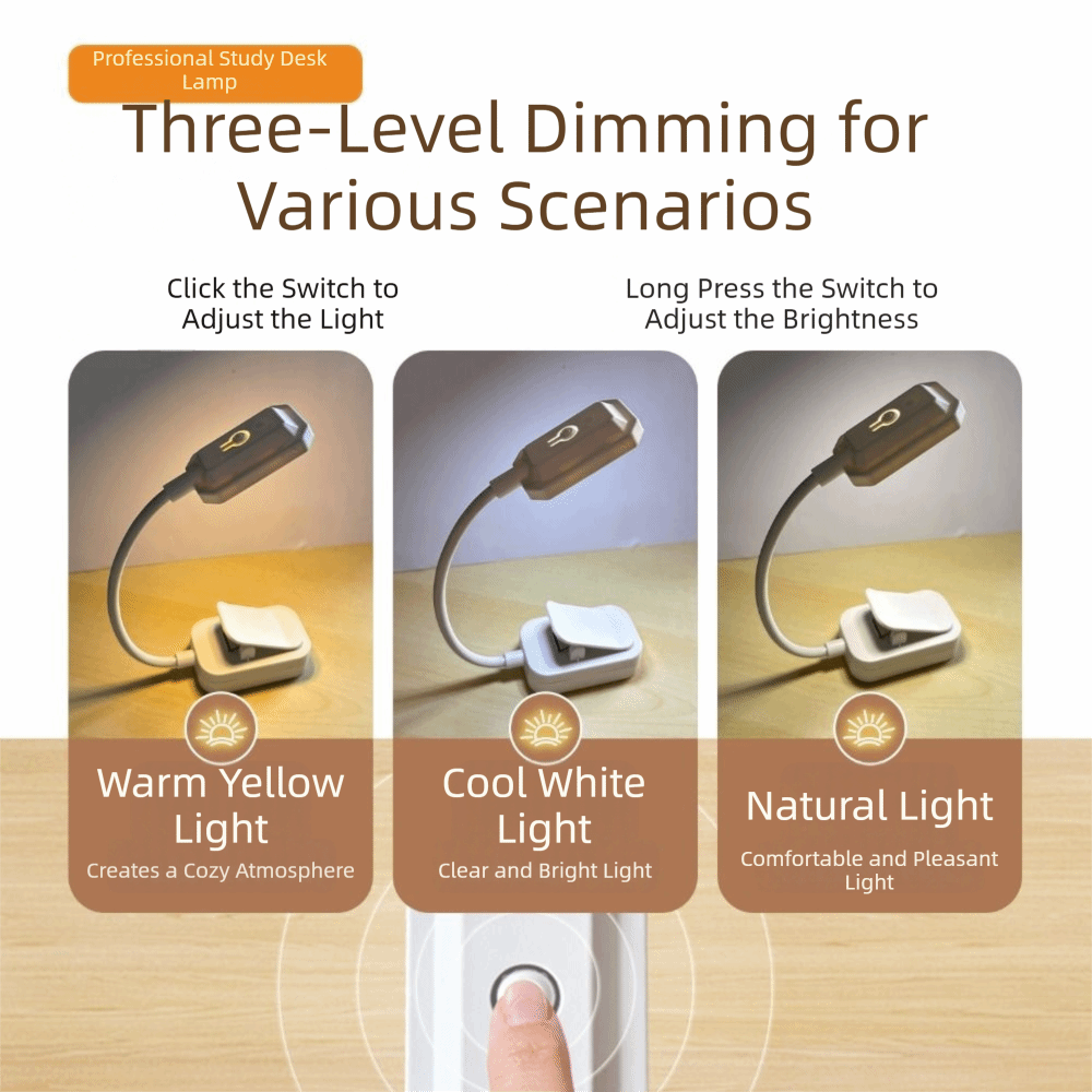 3 standen led-clip leeslamp, traploos dimbaar, flexibele hals, draagbaar, drie kleurtemperaturen, lang indrukken voor aanpassing