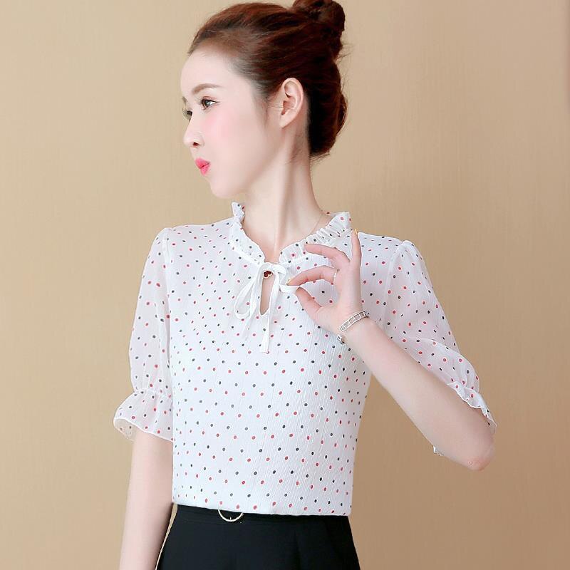 Kvinder forår sommer stil chiffon bluser skjorter dame casual korte lanterne ærmer prikkede print blusas toppe  dd8822