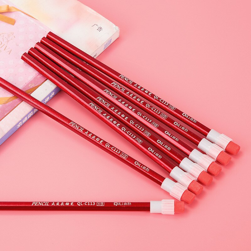 10Pcs Red Wooden Pencil with Eraser HB Standard Pencils Student Writing Drawing Sketch Pencil Stationery School Office Supplies: Default Title