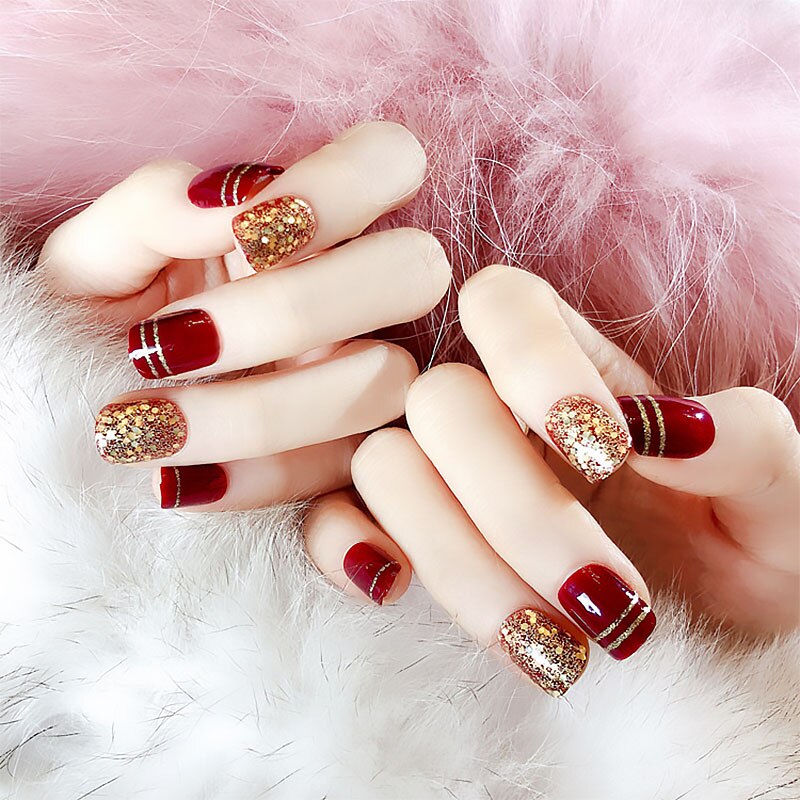 24 pièces magnifiques faux ongles avec colle Champagne vin rouge court brillant doré paillettes faux ongles mariage mariée complet ongles conseils