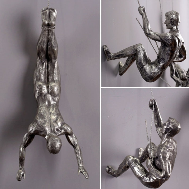 Industriell stil klättring man harts järn tråd vägghängande dekoration skulptur figurer retro staty dekor