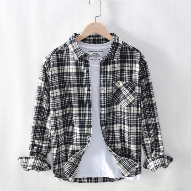 Ropa De Hombre, camisa a cuadros De algodón para Hombre, camisa De manga larga ajustadas coreanas, camisa informal De franela De algodón: Black and white grid / XXL