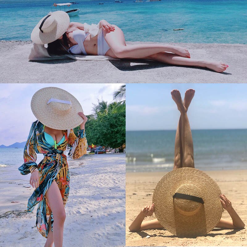Sombrero de paja de trigo Natural para mujer, sombrero de playa con cinta para el verano del , gorro de playa con visera ancha de 15CM, protección uv para mujer, sombreros de playa para el sol