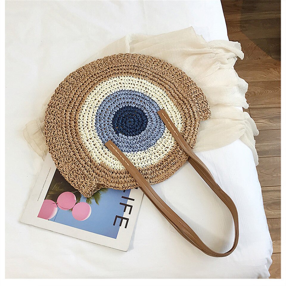 Round Ladies Straw Woven Bag Simple Shoulder Bag Beach Bag Large Capacity Handbag Women Bags Casual Tote Zipper: 1brown