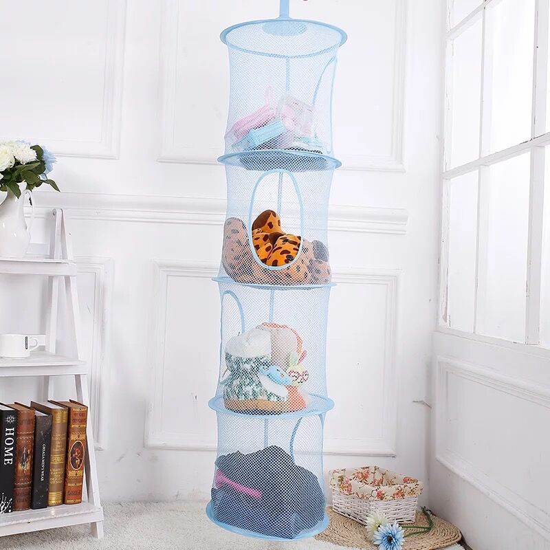Colorful Collapsible Storage Net Hanging Basket, Breathable Four-lattice Air Drying Cylindrical Basket, Blue/ Yellow/ Grey: B