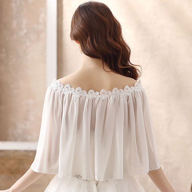 Women Summer Thin Shoulder Off Ruffle Wonderful Chiffon Shawl Lady Solid Soft Formal Applique Evening Wrap Ivory