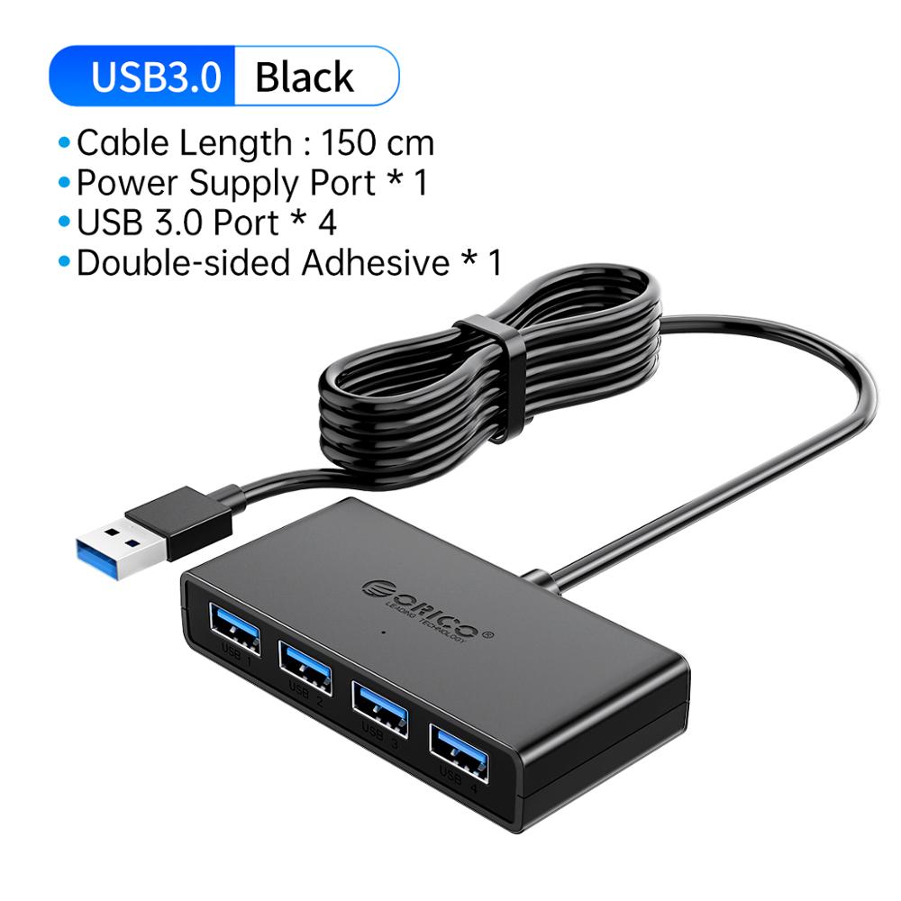 ORICO-HUB con 4 puertos USB 3,0, divisor, adaptador OTG de alta velocidad para ordenador, portátil, accesorios con puerto de alimentación Micro USB múltiple: Black 150 CM