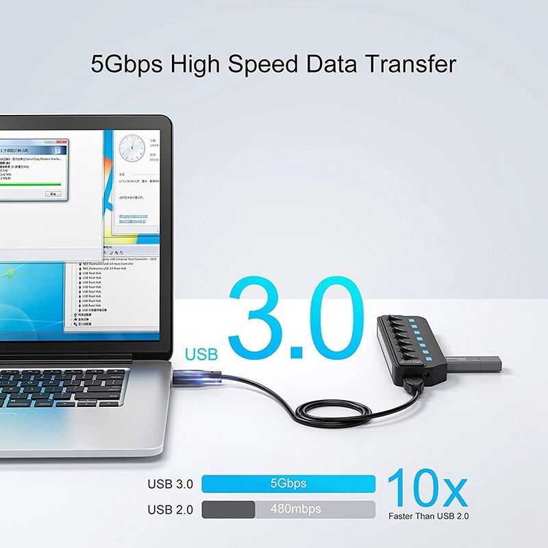 USB 3.0 Hub,7 Port USB Hub Splitter With LED Individual Power Switches 5Gbps High Speed Data USB Extension For Laptop