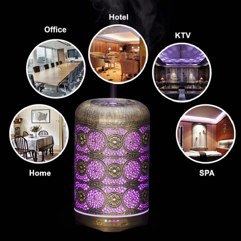 250ml Air Humidifier Bronze Metal Classical Aroma Essential Oil Diffueser With 7 LED Color Change For Home Office