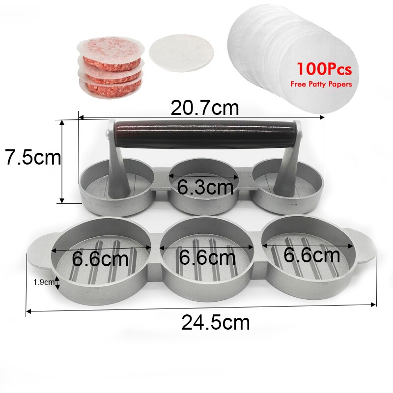 Hamburger Presse Runde bilden Aluminium Legierung 11,9 cm Hamburger Fleisch Rindfleisch Grill Burger Presse Patty Hersteller bilden Fleisch Werkzeuge: 3Mini Drücken Sie 100Papier
