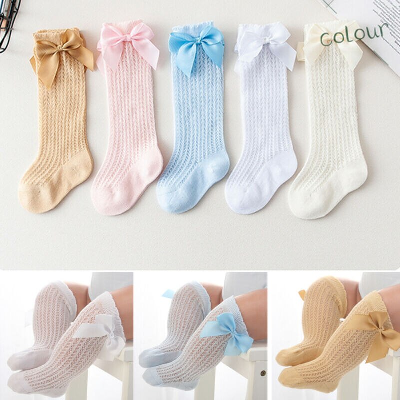 Leuke Peuters Meisjes Jongens 3/4 Knie Hoge Spaanse Stijl Plain Geribbelde Sokken herfst Kniekousen Panty Prinses boog Sokken 5 kleur