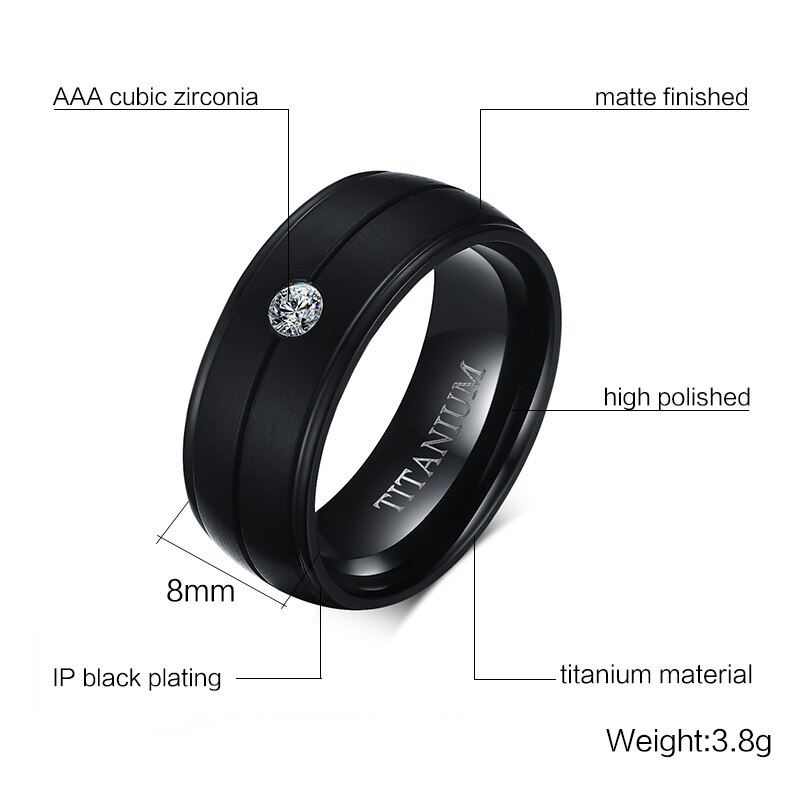 VNOX Men's Punk Pure Titanium Black Ring 8mm Matte Wedding Bands with CZ Stone Titanium Rings Men Jewelry