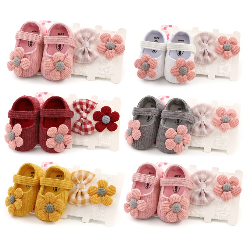 3PCS 0-18M Baby Girl Baptism Shoes and Headband Set Soft Sole Floral Mary Jane Flats and Hairbands for Infant Little Girls