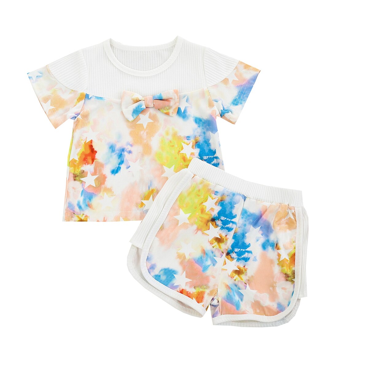 0-3 Years Print Girl\u2019s Short-sleeved and Shorts Set Floral/star Tie-dye Round Neck T-shirt and Short Pants: B / 9M